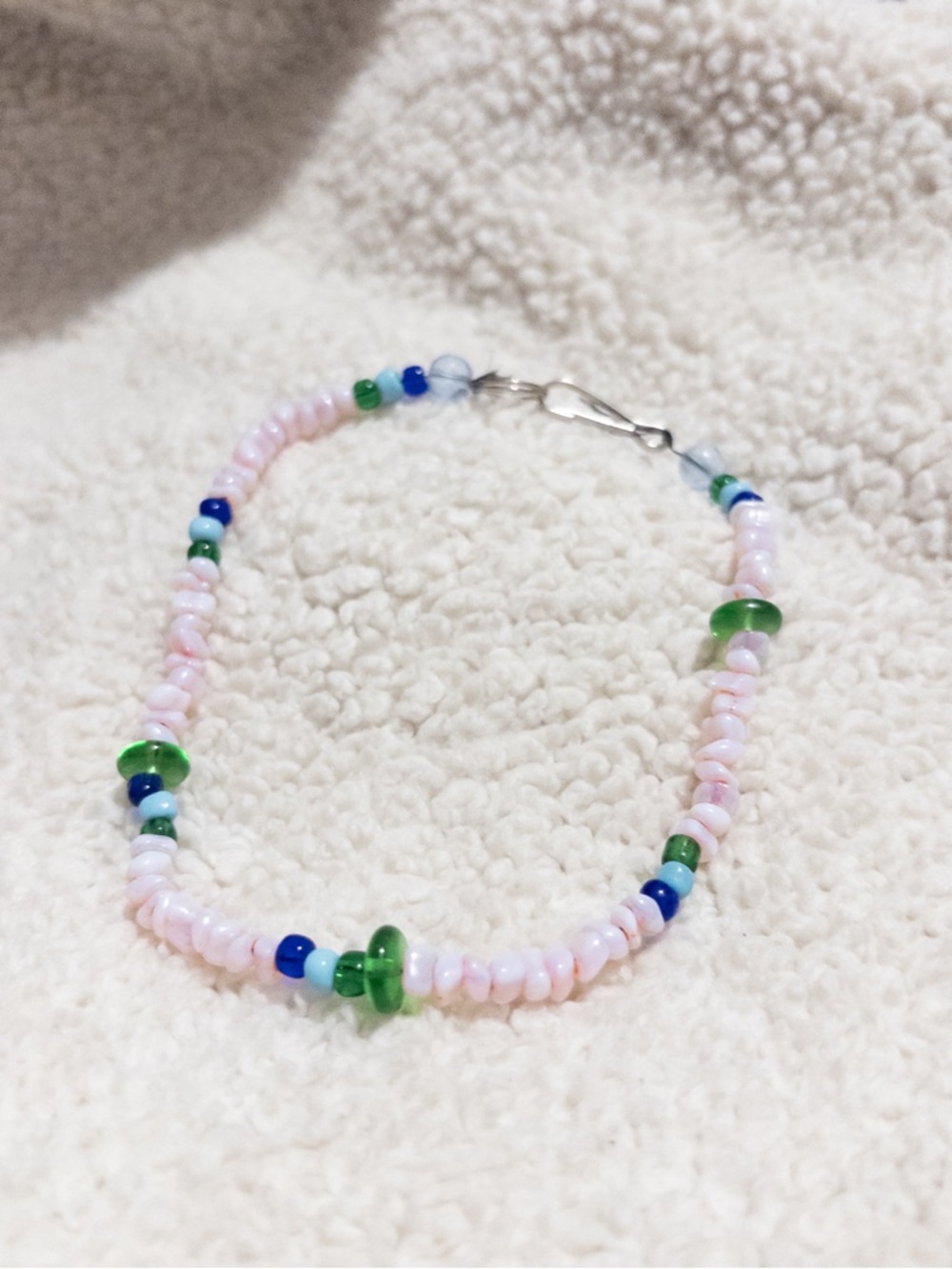 Handmade Pink Beaded bracelet with Green & Blue Accents